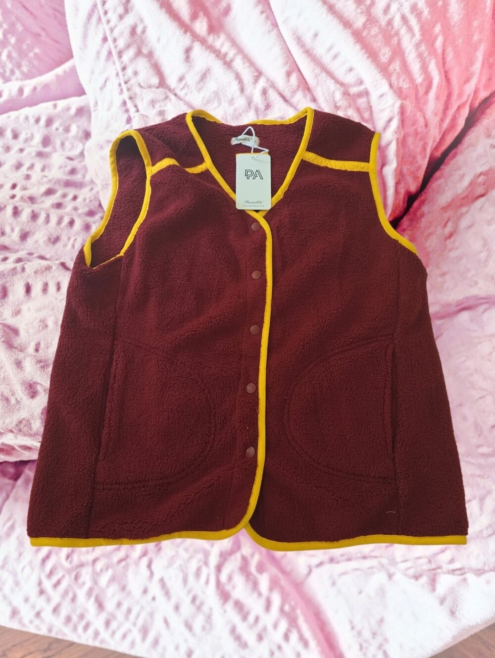 Panadila Maroon Sherpa Fleece Vest Yellow Contrast Trim Medium NWT
